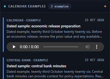 Dated calendar example, 23 October 2026: illustrative release cards with times. Not a current economic calendar.